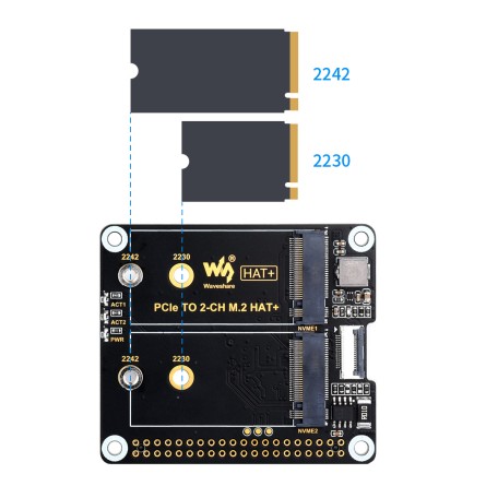 Formats SSD M.2 2230 et 2242 compatible avec le HAT+ PCIe vers double M.2 pour Raspberry Pi 5